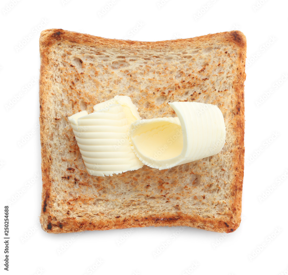 Tasty toasted bread with butter curls on white background