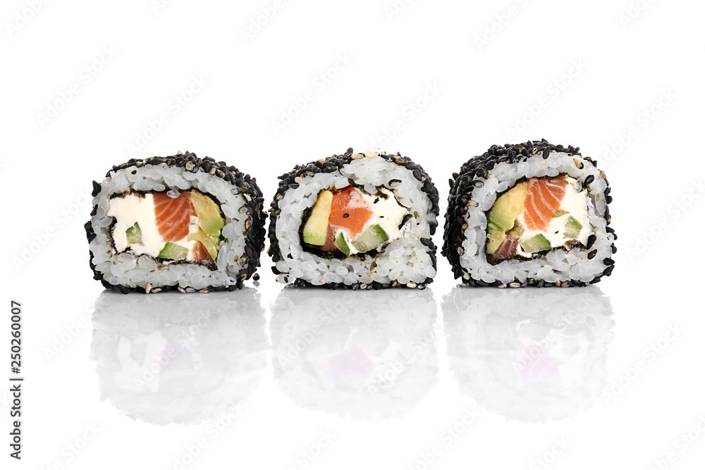 Tasty sushi rolls on white background