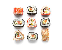 Tasty Sushi Rolls On White Background