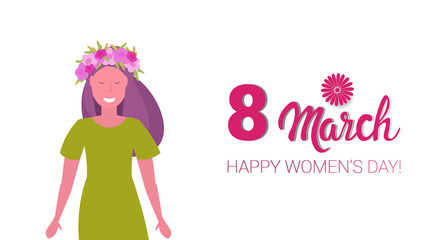 Wall Mural - cheerful woman in wreath of flowers happy women day 8 march holiday celebration concept female character portrait white background horizontal greeting card