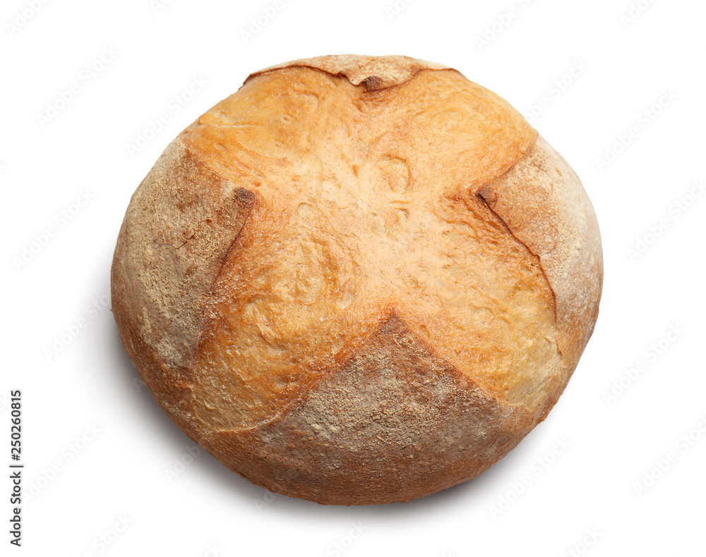 Loaf of fresh bread on white background