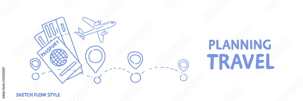planning travel concept holiday route choosing hotel and tickets booking concept sketch flow style horizontal banner - obrazy, fototapety, plakaty 