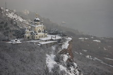 Church Of The Resurrection Of Christ, Foros, Crimea. Snowy Winter In Crimea