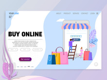 Online Shopping Concept, Illustration Metaphor, Tiny Cartoon People And Laptop As Storefront