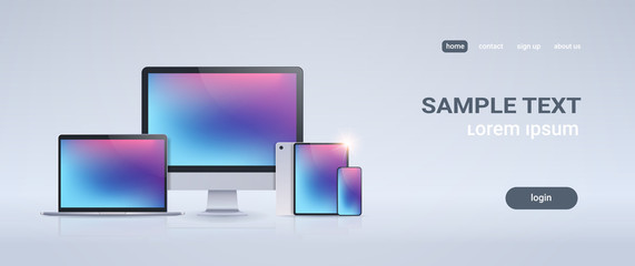Wall Mural - electronic devices mockup set laptop monitor tablet and smartphone with colorful screen on gray back