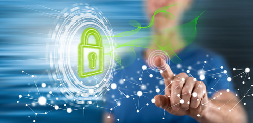 man touching a digital security concept