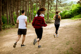 Fototapeta Las - Group of young people run a marathon through the forest