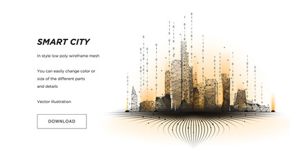 Sticker - Smart city low poly wireframe on white background.City hi tech abstract or metropolis.Intelligent building automation system business concept.Polygonal space low poly with connected dots and lines.Vec