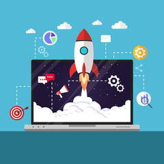 Web start up flat style. Rocket flight, promotion SEO, laptop, and launch, vector illustration. can be used for landing pages, templates, UI, web, mobile applications, posters, banners, leaflets