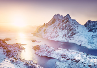 Wall Mural - aerial view at the lofoten islands, norway. mountains and sea during sunset. natural landscape from 