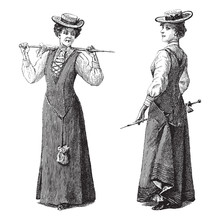 Elegant Woman With Umbrella And Historical Fashion Dress / Vintage Illustration