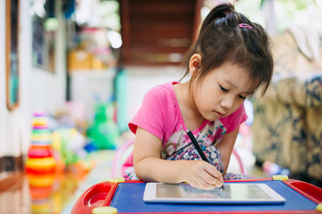 Wall Mural - Kids using tablet for drawing : Some research says entertainment media (including TV) be avoided for infants and children under age 2 and cell phone radiation can harm your baby and may cause of ADHD.