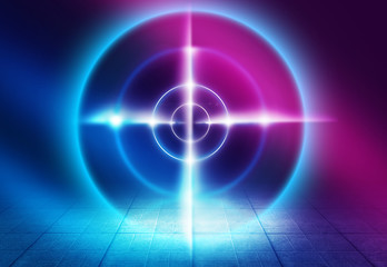 Futuristic abstract background. Empty room background, concrete. Neon blue pink light smoke. Laser lines, laser target in the center of the room.