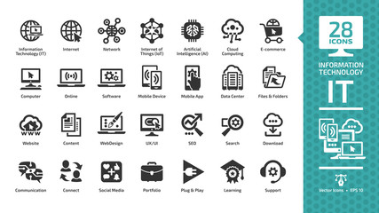 information technology glyph icon set with it network system, global internet, data center, communic