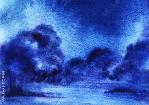 streszczenie-tlo-akwarela-z-puszyste-cumulus-zarosniete-krzewy-noc-ciemne-niebo-recznie-rysowane-ilustracji-na-mokrym-papierze