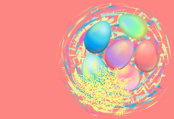 Wall Mural - Colorful Easter eggs and mimosa branches in nest on pink background, copy space. Greeting cards for Easter.