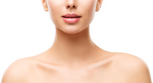 Woman Beauty Skin Care, Model Face Lips Neck And Shoulders Isolated Over White Background