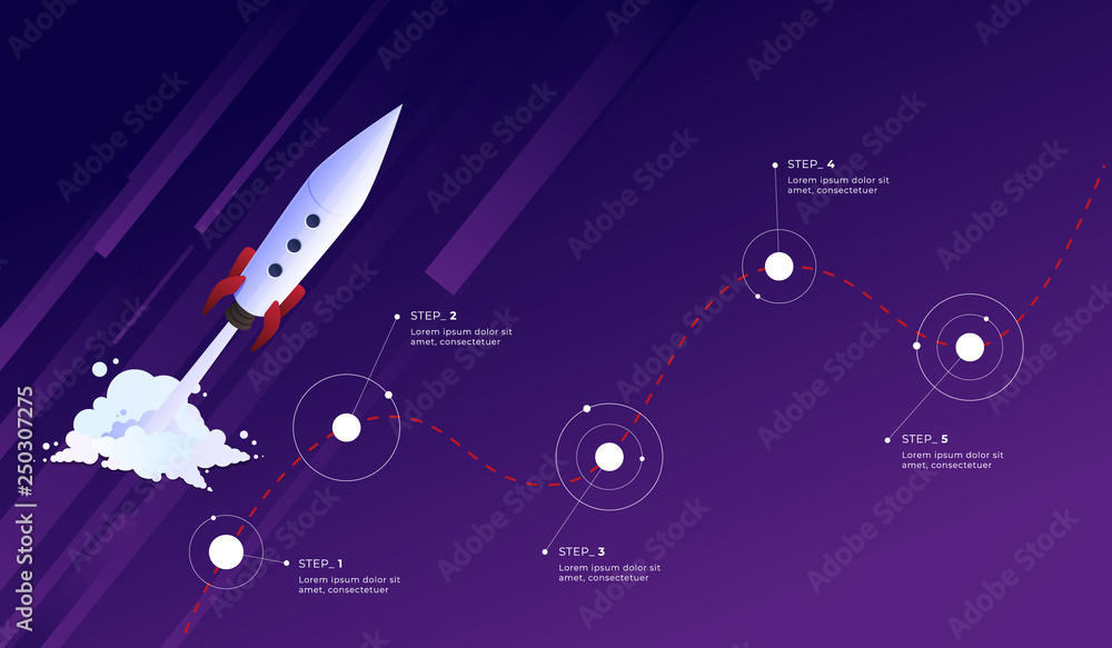 Rocket Development Chart Startup Route to Success. Rocket ballistics path Timeline. Vector ...
