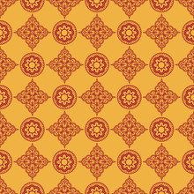 Indian Traditional Pattern On Yellow Background. Seamless Pattern