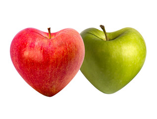 Green and red apples in heart shapes, isolated on white background