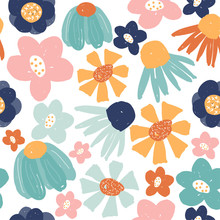 Funny Hand Drawn Flowers Seamless Pattern. Fashion Summer Print. Vector Illustration.