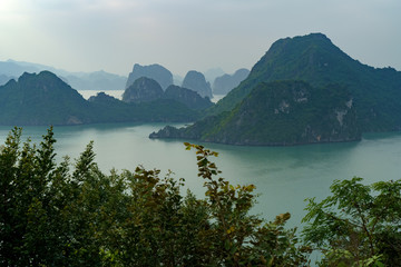 Ha Long Bay Vietnam. Aerial panoram view. Famous travel nature destination. Green mountains in the water. Islands landscape at Halong