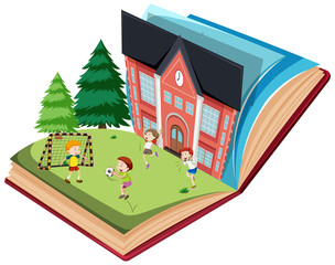 Wall Mural - children playing football on open book template