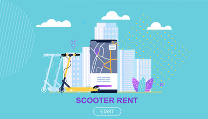 Flat Banner Scooter Rent Against Sky and Clouds.