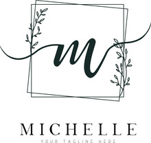 Hand Drawn Square Floral Frame Letter M Logo 