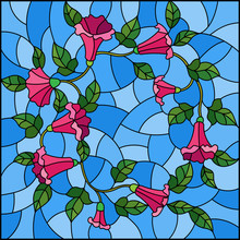 Illustration In Stained Glass Style With Flowers Loach, Pink Flowers And Leaves On Blue Background