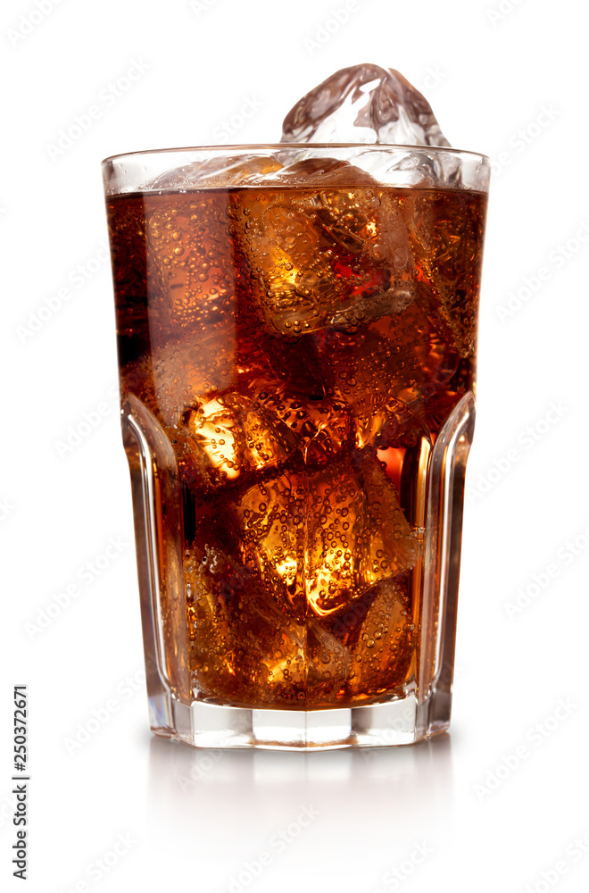 glass of cola with ice isolated on white background - obrazy, fototapety, plakaty 