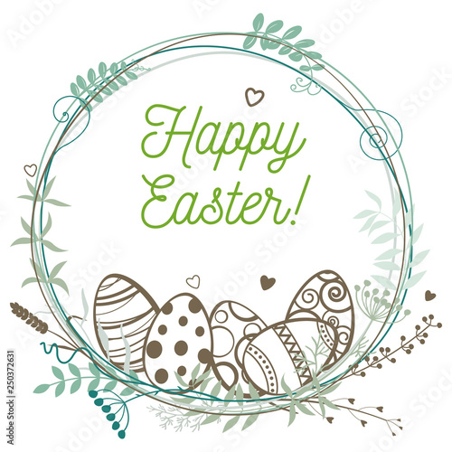 Happy Easter. Easter eggs in a wreath of twigs, wild grasses and flowers.