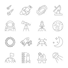Space Icons, Astronomy Theme, Outline Style. Contains Moon, Sun, Earth, Moon Rover, Satellite, Asteroids, Solar, Telescope, Galaxy, Meteorites, Observatory And Other Signs. Editable Stroke. EPS 10