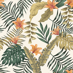 Wall Mural - Tropical leaves and flowers abstract colors seamless white background