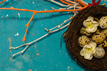 quail eggs in the nest. colored dry branches. happy Easter