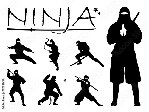 Fotomural Set of Ninja Silhouette vector illustration, Ninja Weapon silhouette