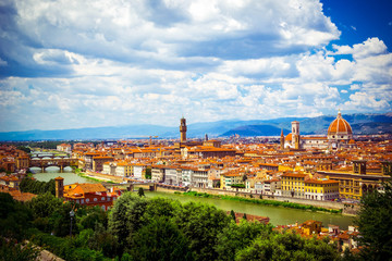 Wall Mural - Modern colorful aerial view Florence Firenze on blue backdrop. Famous european travel destination. Beautiful architecture. Italian renaissance church. Summer landscape. Florence, Tuscany, Italy