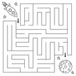 Maze game for children, help the rocket find right path to the moon. Coloring page. Vector illustration.