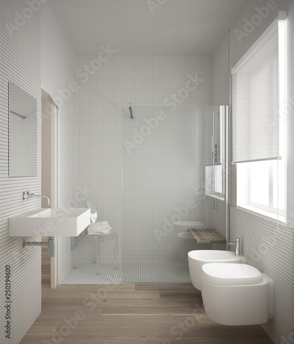 Modern Minimalist Bathroom With Parquet Oak Wood Floor And