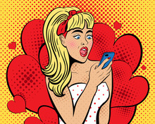 Attractive Sexy Girl With Open Eyes And Mouth, With Phone In The Hand In Comic Style. Pop Art Woman Holding Smartphone. Digital Advertisement Female Model Reading The Message. Vector Illustration.