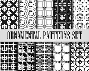 Art Deco Patterns Set. Black and White backgrounds. Fan scales ornaments. Geometric decorative digital papers. Vector line design. 1920-30s motifs. Luxury vintage illustration