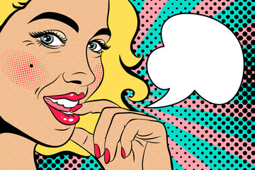 Wall Mural - Sexy blonde pop art woman with squinted eyes and open mouth. background in comic style retro pop art. Invitation to a party. Face close-up.