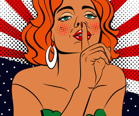 Wall Mural - Sexy pop art woman with beautiful eyes and mouth. Vector background in comic style retro pop art.  Face close-up.