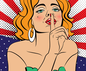 Wall Mural - Sexy pop art woman with beautiful eyes and mouth. background in comic style retro pop art.  Face close-up.