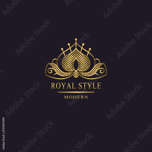 Golden Liner Monogram Crown Logotype Sign Of King Elegant Design Bright Volumetric Creative Emblem For Royalty Business Card Company Name Logo Hotel Restaurant 3d Web Icon Vector Illustration Buy This Stock