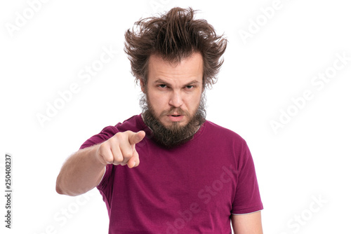 Crazy Bearded Man With Funny Haircut Points His Finger At You