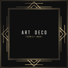 Vector Card. Art Deco Style. Dark Golden Geometric Frame On Black Background.