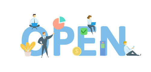 open. concept with people, letters and icons. colored flat vector illustration. isolated on white ba