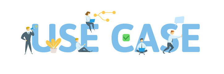 USE CASE. Concept with people, letters and icons. Colored flat vector illustration. Isolated on white background.