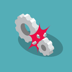 Fototapete - Denial of services (dos) attack symbol with broken gears, isolated on blue background. Flat design, easy to use for your website or presentation.